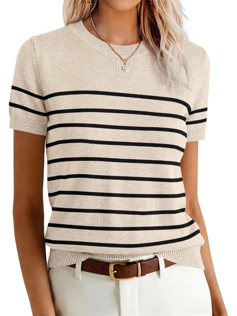 Women's Beige Black Stripe Wool Blend Crew Neck Short Sleeve Casual Sweater